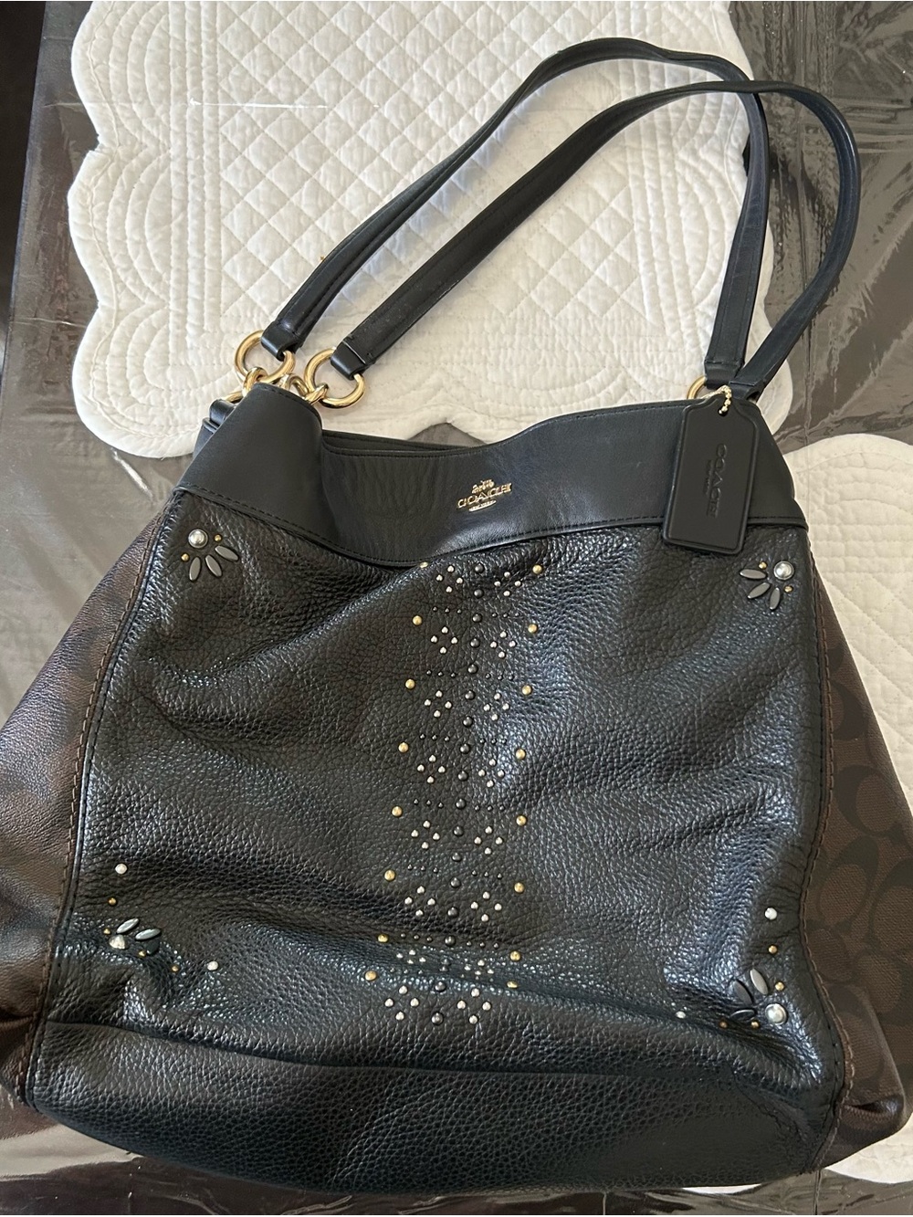 Coach Black Leather Studded Shoulder Bag with Gold Accents